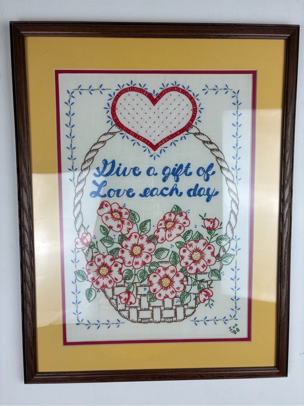 Vintage Hand-Embroidered Flower Basket”Give a Gift of Love Each Day”Frame/Matted